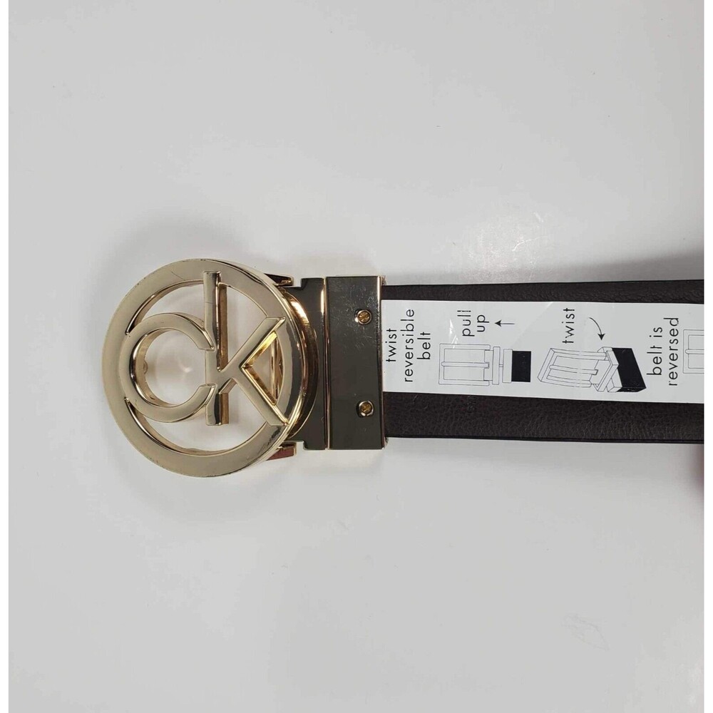 Calvin Klein Reversible Belt Brown Gold Buckle CK Logo Print Women Size Small 32 - Picture 5 of 8